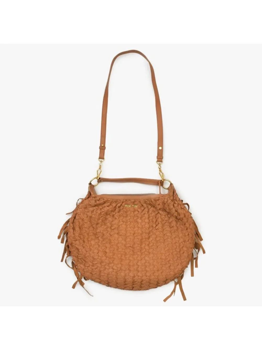 Miu Miu Intrecciato 2-Way Leather Shoulder Fringe Hobo Brown Lambskin Gold